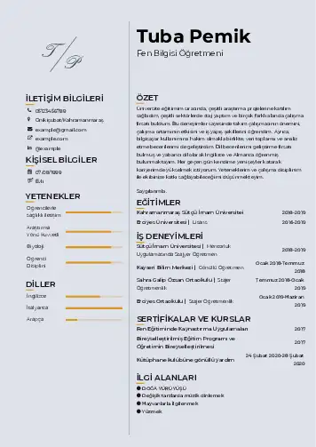 Fen Bilgisi Öğretmeni CV Örnekleri cv indir